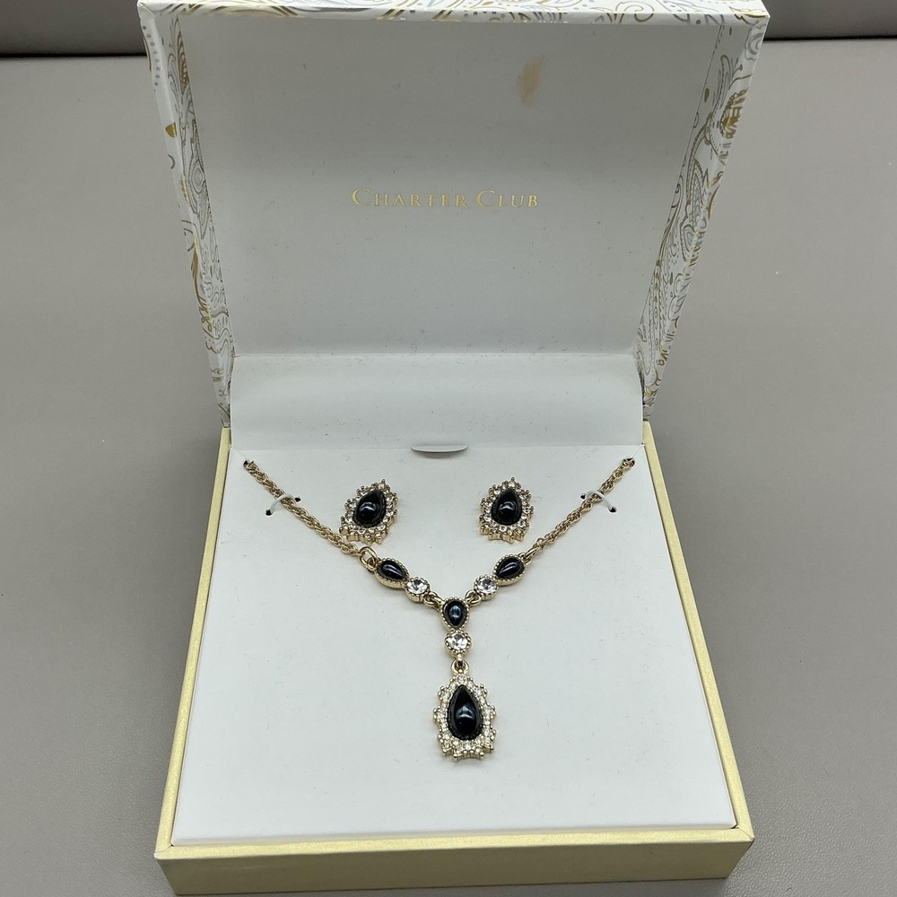 Charter Club Black Teardrop Necklace Earrings Set Gold Tone Rhinestone Women
